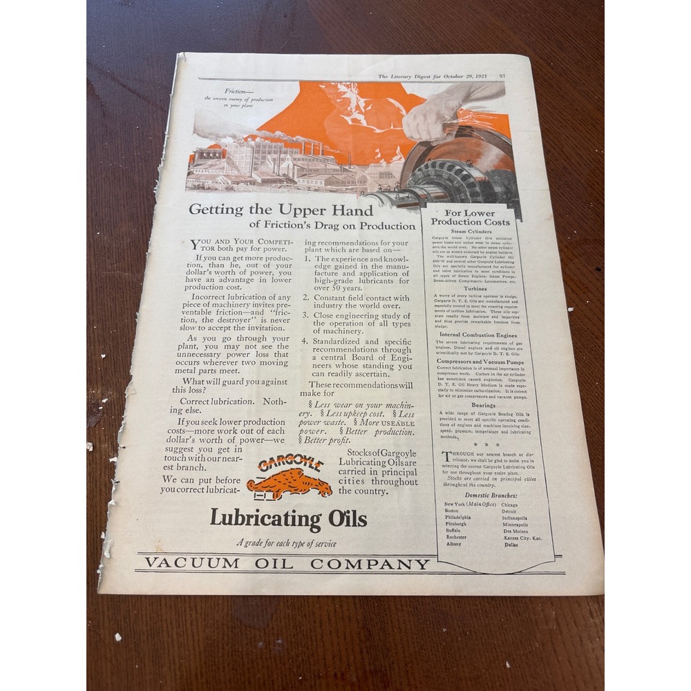Vacuum Oil Company Print Ad 1921 Gargoyle Lubricating Oils Johns-Manville Ad